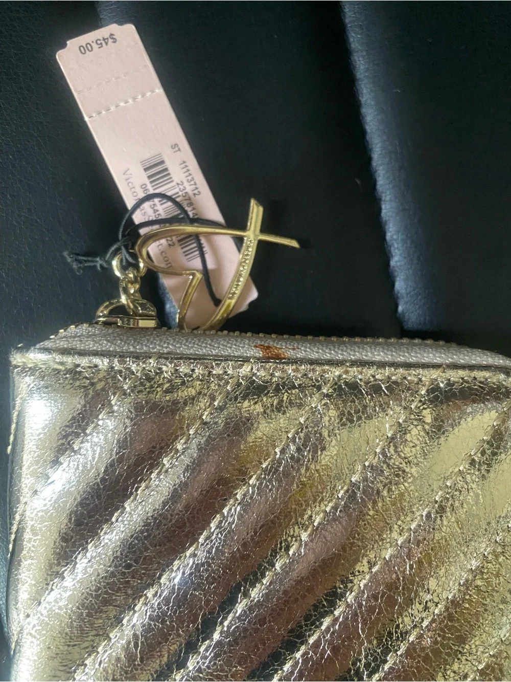 Victoria's Secret Metallic Crackle Gold Chevron Quilted Zip Wallet - Picture 3 of 4